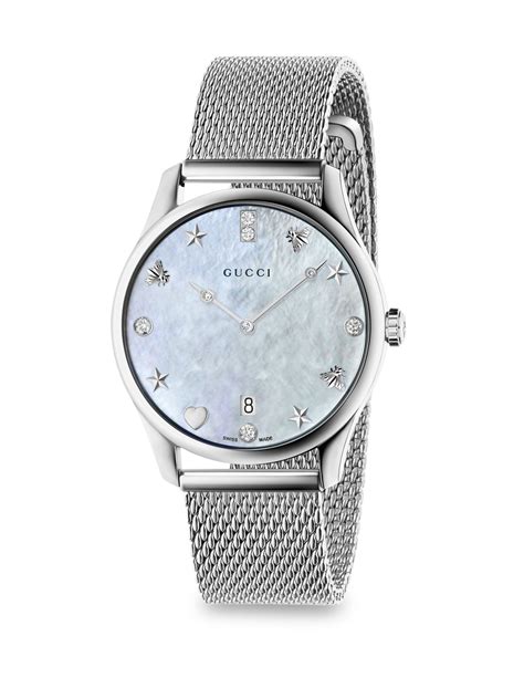 gucci g-timeless diamond mother-of-pearl mesh bracelet watch|Gucci g timeless watches.